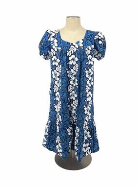 Mahalo Hawaii Womens Blue Floral Dress Tropical Print Short Sleeve Casual